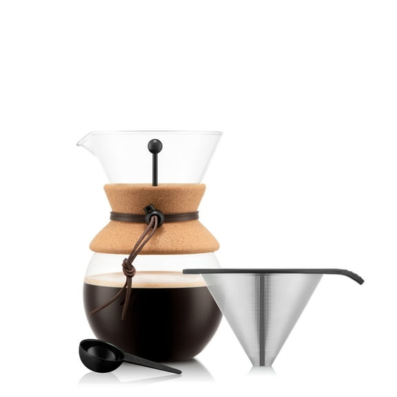 BODUM 34oz Pour over Glass Coffee Dripper w/ Reusable Stainless Steel Filter, Brown, Cork, New