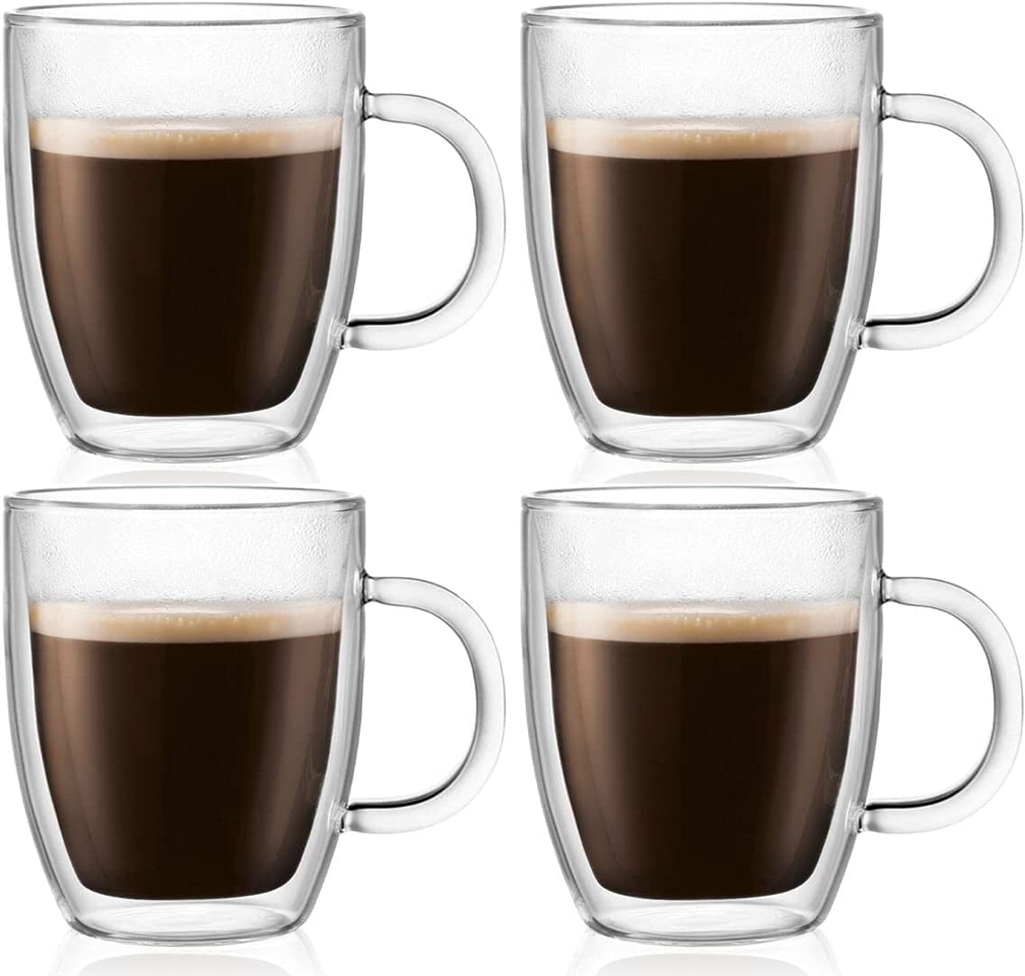 NEW Bodum Bistro Double Wall Thermo-Glasses Coffee Mug Set, 15.2 Ounce,  (4-pack)