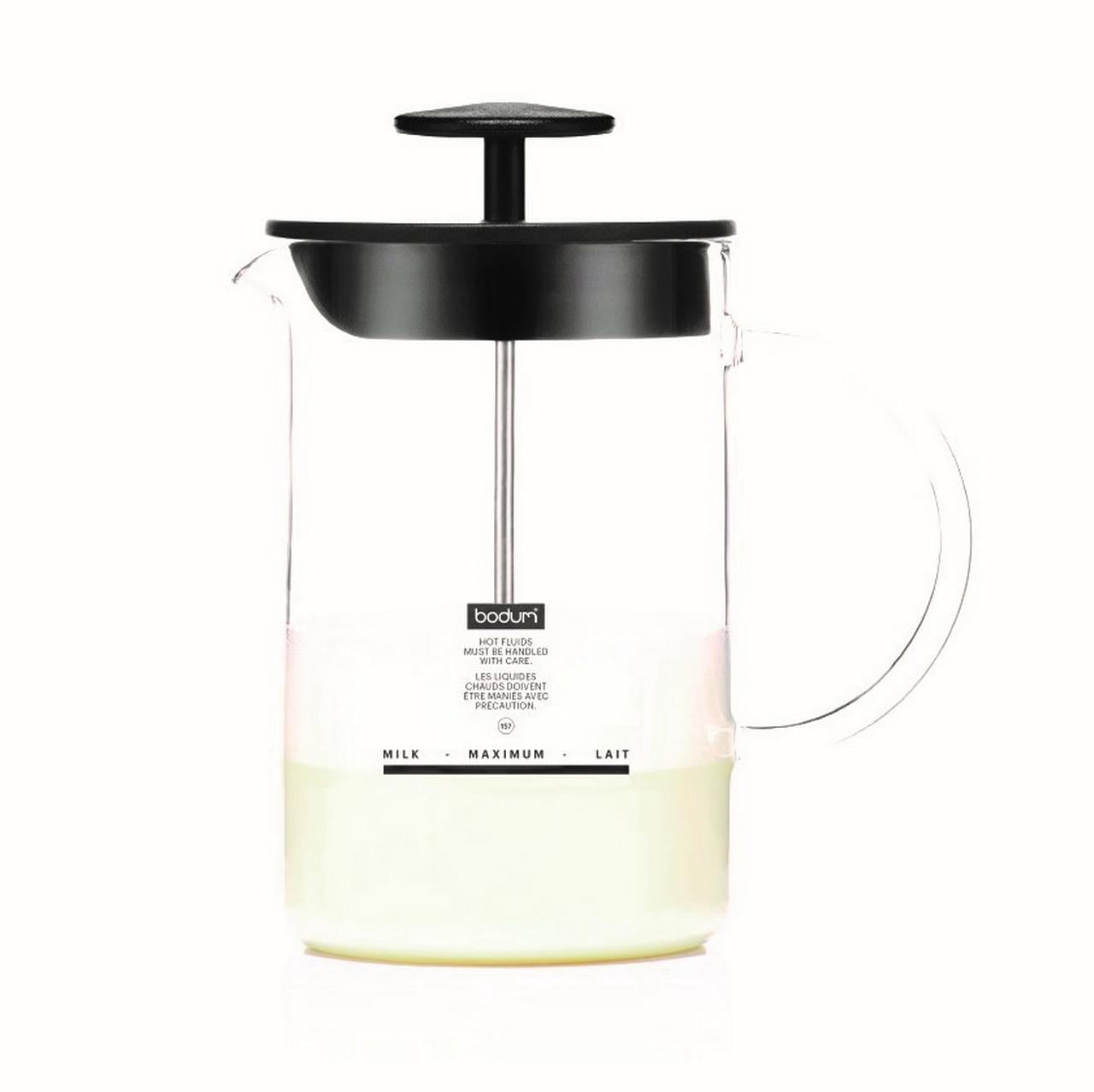 Manual Black Glass Milk Frother with Carafe, 8 Ounce