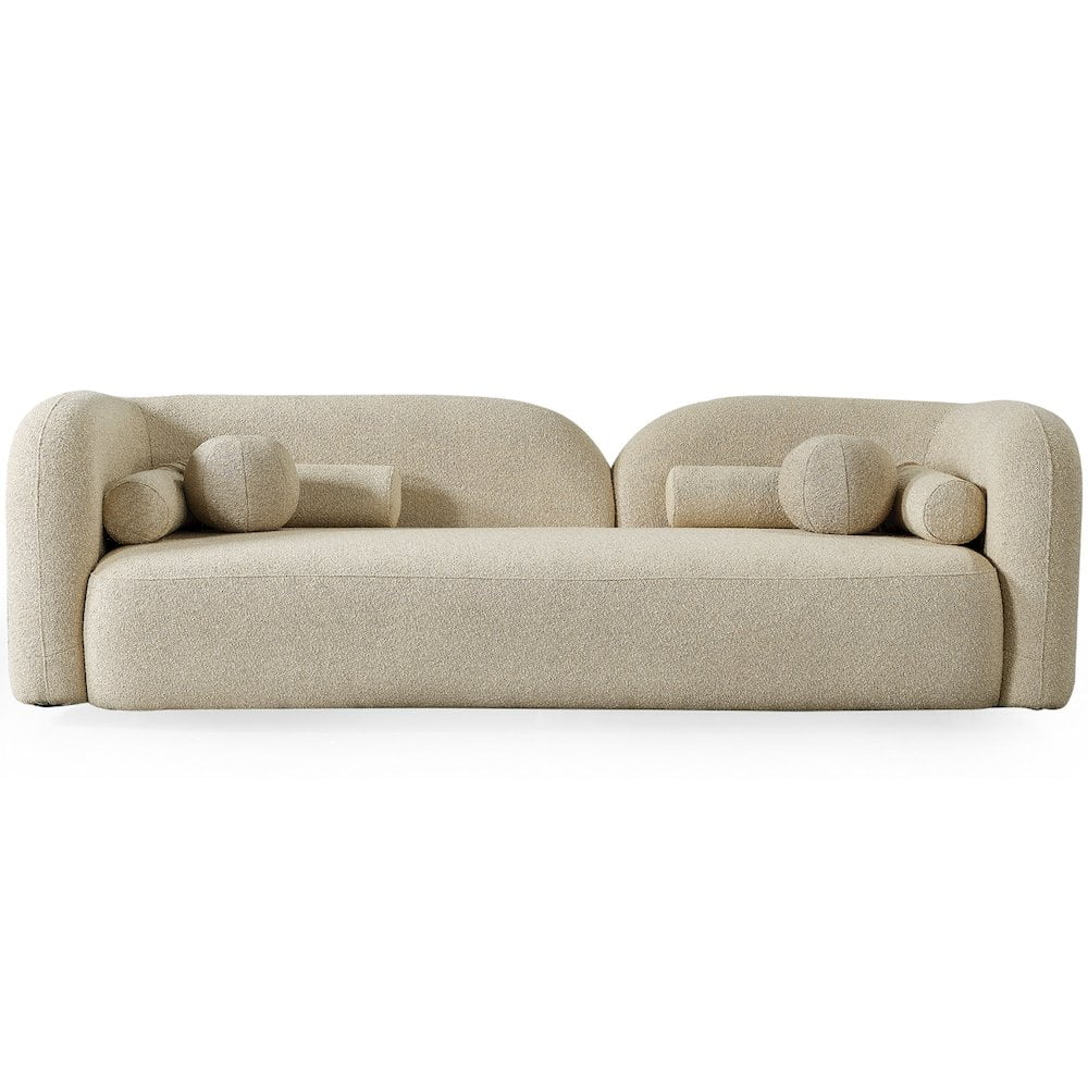 Donna Ivory Boucle Fabric Round Arm Sofa with Solid Wood Frame