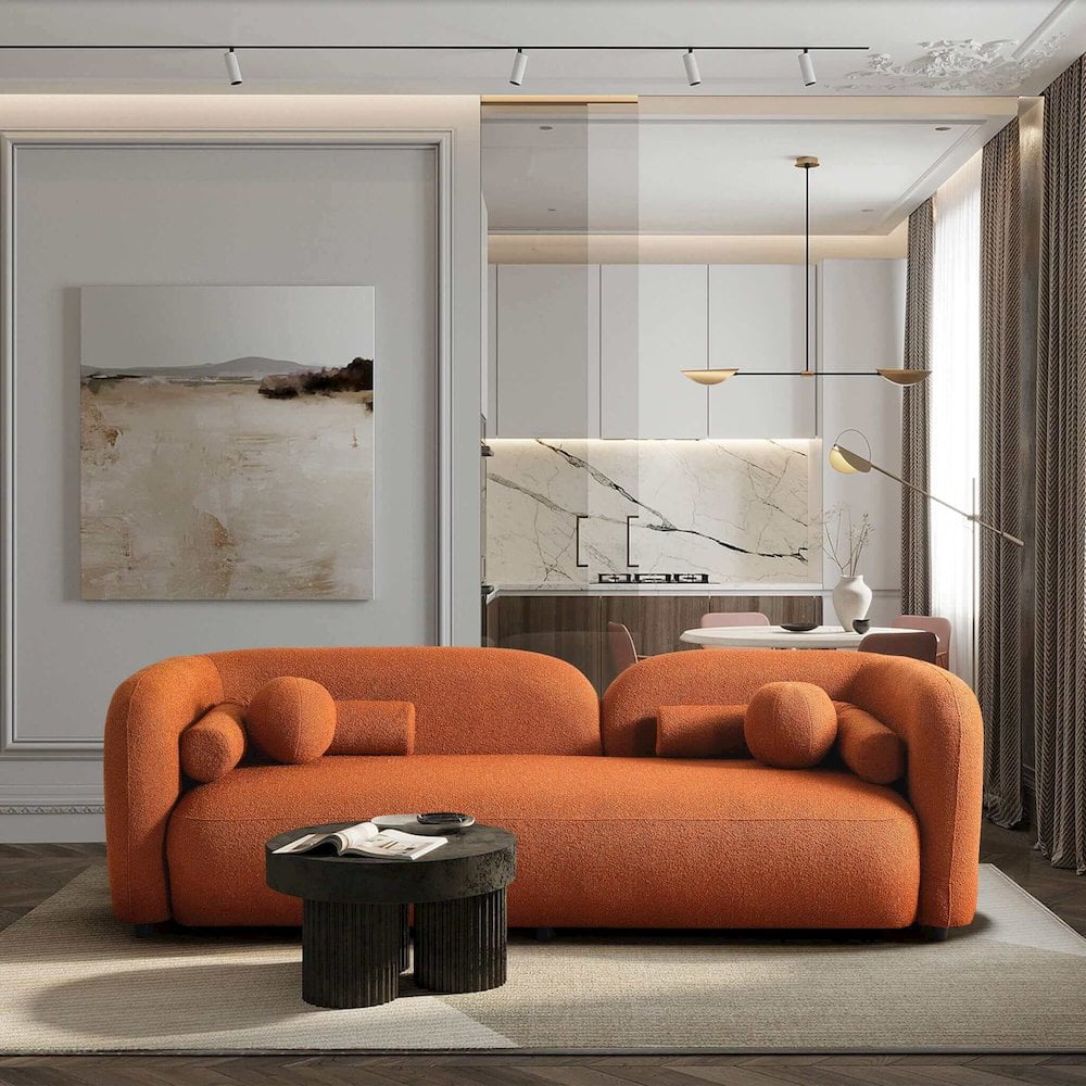 Ivory and Orange Boucle Curvy Arm Sofa with Solid Wood Frame