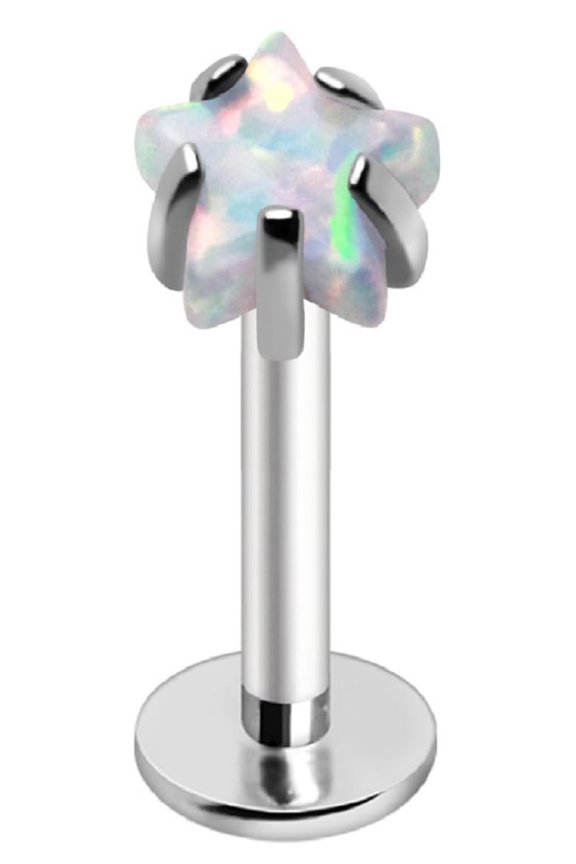 16 Gauge Labret Monroe Piercing with White Opal Star Top, Internally Threaded Flat Back Stud, 8mm Bar Length, 3mm Prong Set Synthetic Opal