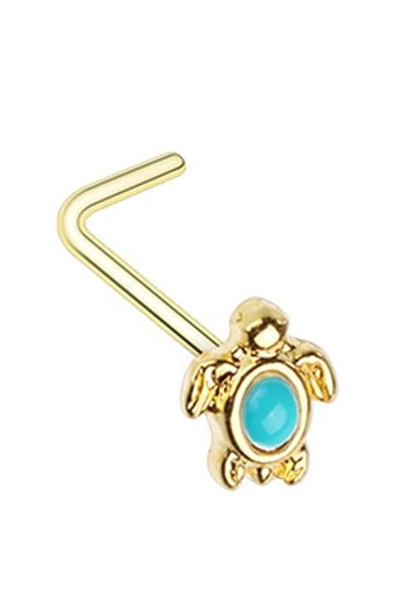 20 GA Turquoise Sea Turtle L-Shape Nose Ring 316L Surgical Stainless Steel (Goldtone L Bend)