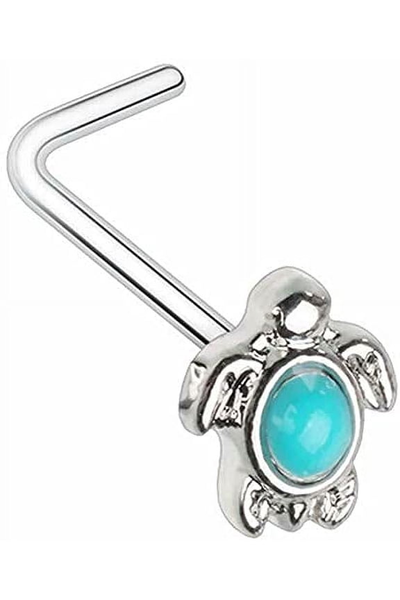 20 GA Turquoise Sea Turtle L-Shape Nose Ring 316L Surgical Stainless Steel (Silvertone L Bend)