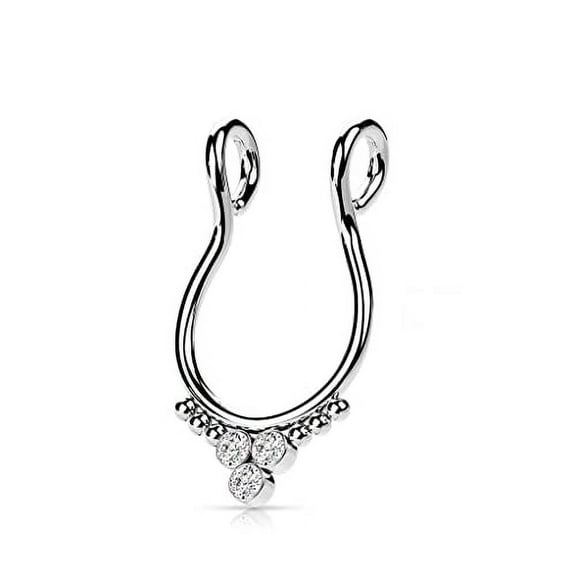Body Accentz 316L Fake Septum Ring with 3 Round CZ Flat Balls and Beads on Each Side (Silvertone)