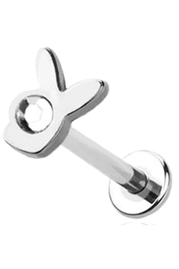 316L Surgical Steel Labret Monroe Piercing, Bunny Shape with Gem, 16GA 5/16 Inch, Silver