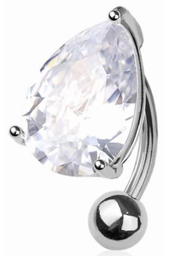 316L Surgical Steel Reverse Belly Button Ring, 14G, Clear Crystal Teardrop, 3/8 Inch Length