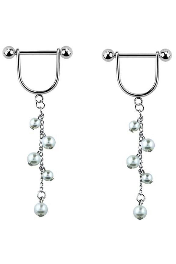 Body Accentz 316L Surgical Steel Stirrup Nipple Ring with a 14g/1.6mm Barbell with 5mm Balls and a Chain of Faux Pearls Dangling Part
