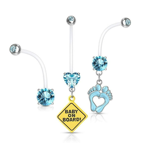 Body Accentz 3pc Pregnancy Maternity Belly Button Ring Feet Baby on Board CZ Blue