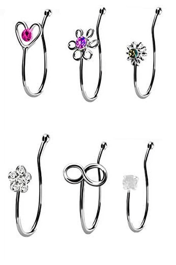 6pcs Clip on Nose Rings Non Piercing flower heart infinity solitaire