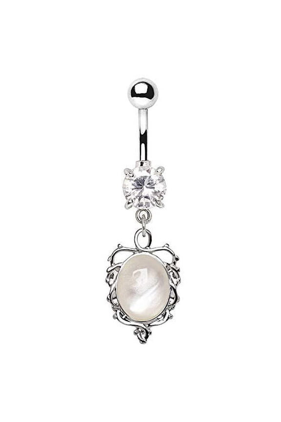 Belly Button Ring 316L Stainless Steel Ornate White Cat's Eye Dangle Navel Ring