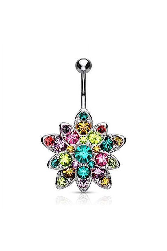 Belly Button Ring Colorful Crystals Paved Large Flower Navel Ring