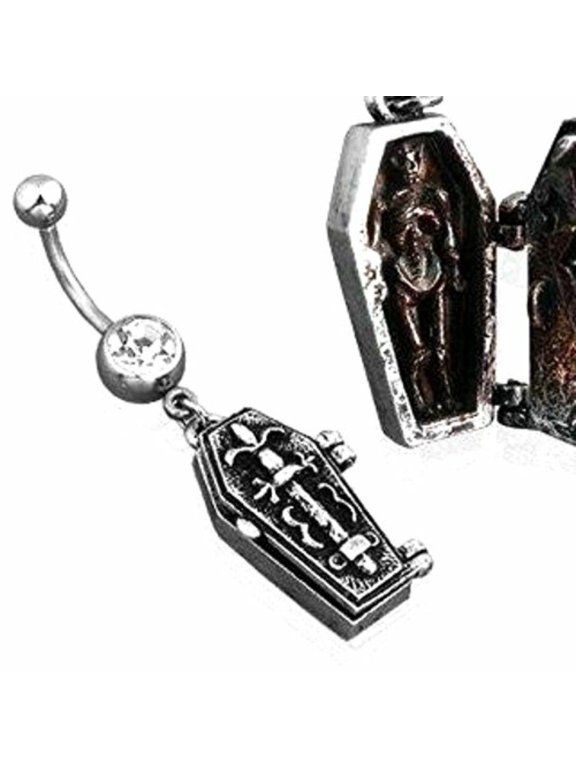 Belly Button Ring Gem Navel Coffin Dangle Skeleton Dagger Skull 14g 3/8" HO1054