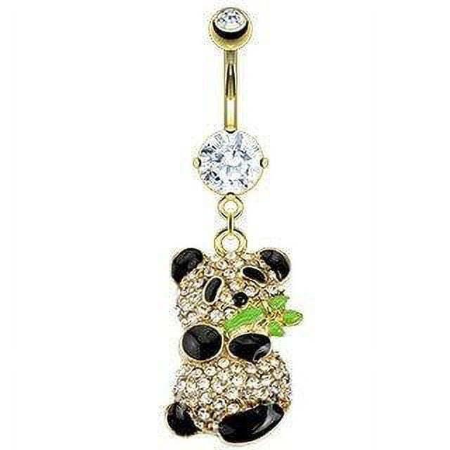 Body Accentz Belly Button Ring Gold IP Over 316L Surgical Steel CZ Paved Gold IP Panda Bear Holding Bamboo Gem 14 Gauge 3 8