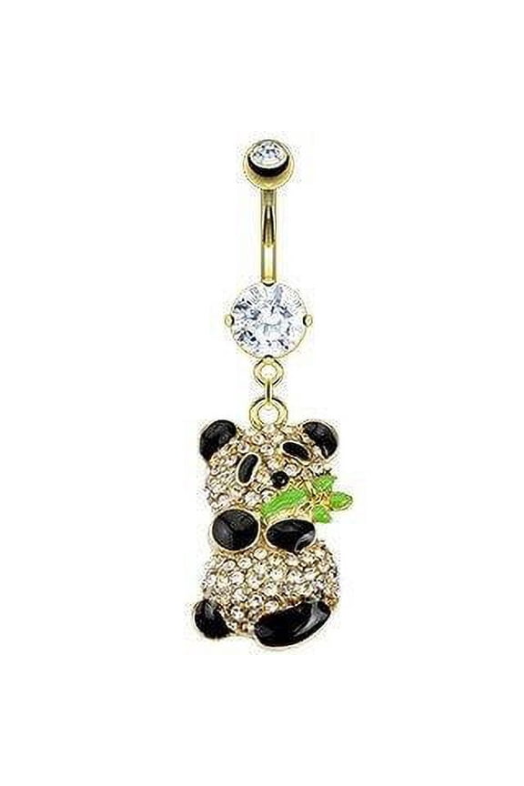 Belly Button Ring Gold IP Over 316L Surgical Steel CZ Paved Gold IP Panda Bear Holding Bamboo Gem 14 Gauge 3/8