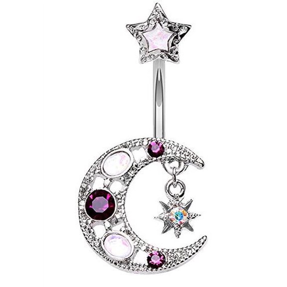 Body Accentz Belly Button Ring Navel 14g Opal Celestial Star Moon Dangle