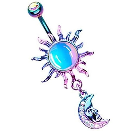 Body Accentz Belly Button Ring Navel Opal Celestial Sun Moon Dangle (Rainbow/Aurora Borealis)