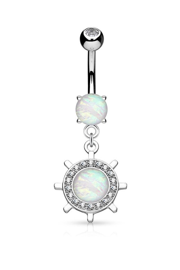 Body Accentz Belly Button Ring Opal Glitter Set Yacht Wheel Dangle Surgical Steel Navel