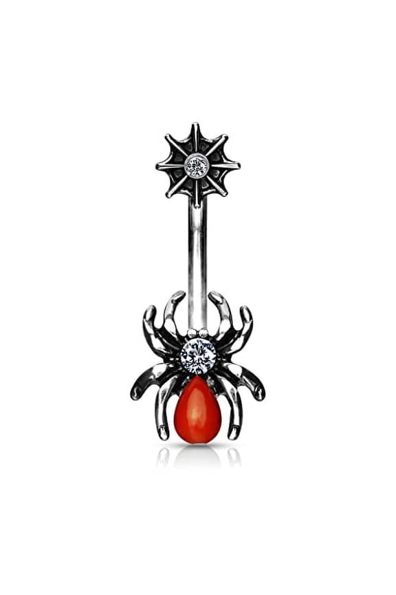 Belly Button Ring Red Spider and Web with CZ 316L Surgical Steel Navel