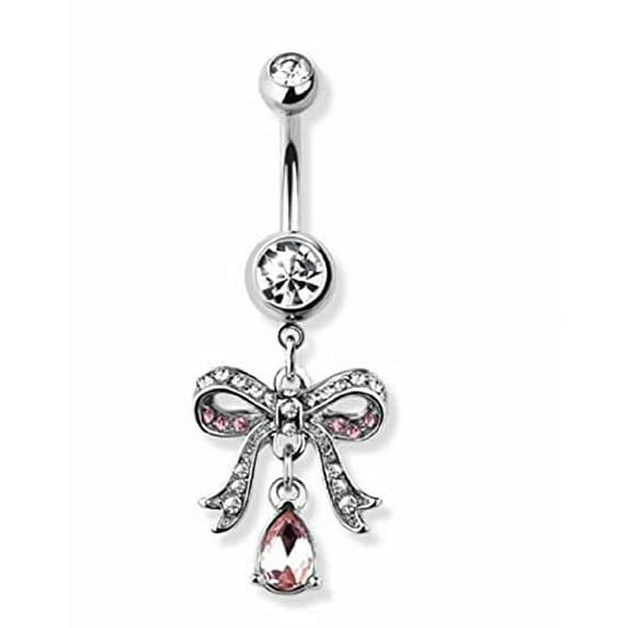 Body Accentz Belly Button Ring Ribbon Bow Paved Navel Ring with Teardrop Dangle