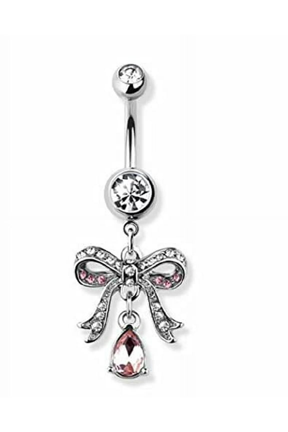 Belly Button Ring Ribbon Bow Paved Navel Ring with Teardrop Dangle