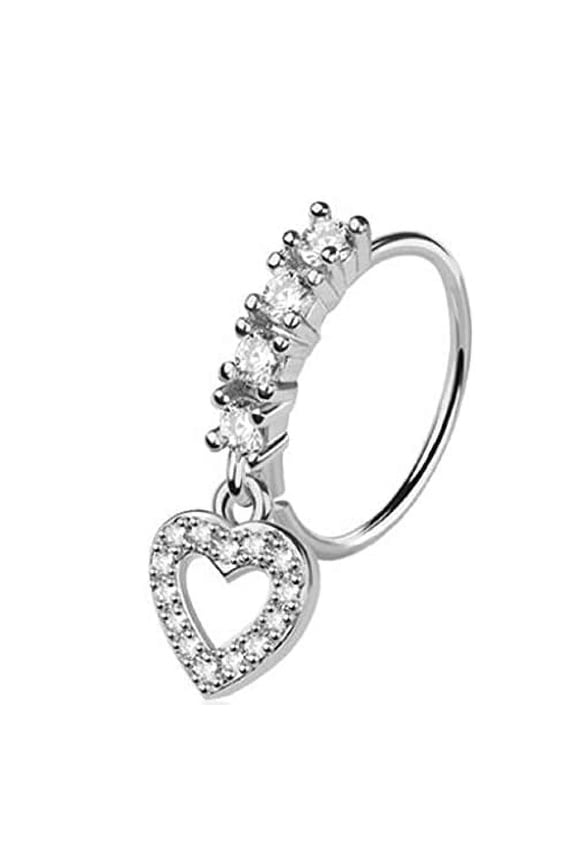 CZ Heart Dangle Stainless Steel Petite Nose Hoop