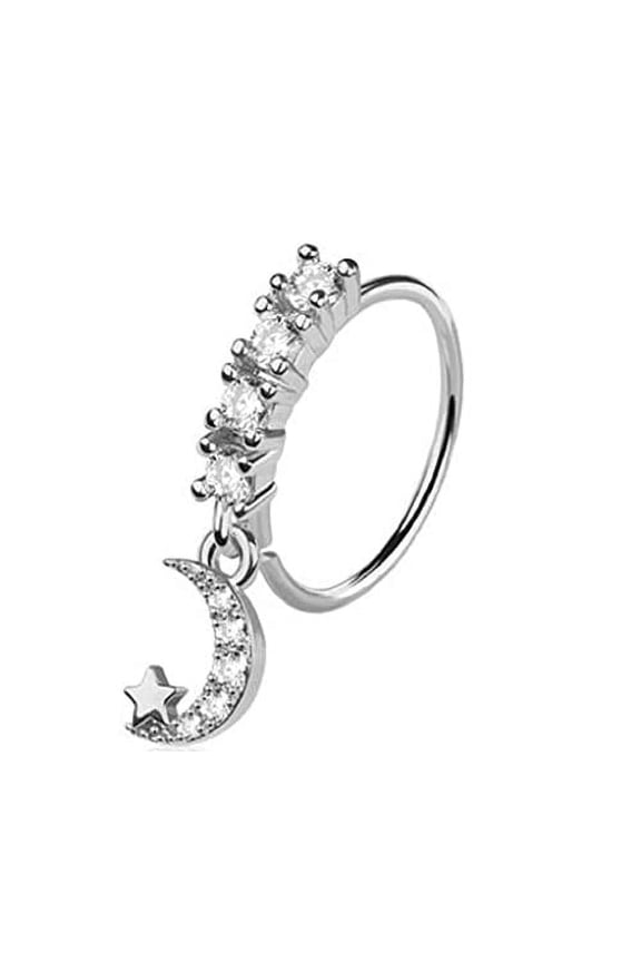 CZ Moon Dangle Stainless Steel Petite Nose Hoop