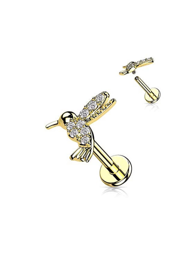 CZ Paved Hummingbird Top on Internally Threaded 316L Surgical Steel Flat Back Stud for Labret, Monroe, Cartilage and More (Goldtone)