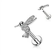 Body Accentz CZ Paved Hummingbird Top on Internally Threaded 316L Surgical Steel Flat Back Stud for Labret, Monroe, Cartilage and More (Silvertone)
