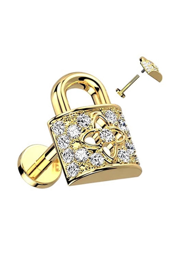 CZ Paved Lock Top on Internally Threaded 316L Surgical Steel Flat Back Stud for Labret, Monroe, Cartilage and More (Goldtone)