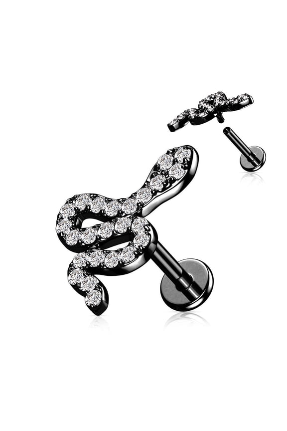 CZ Paved Snake Top on Internally Threaded 316L Surgical Steel Flat Back Stud for Labret, Monroe, Cartilage and More