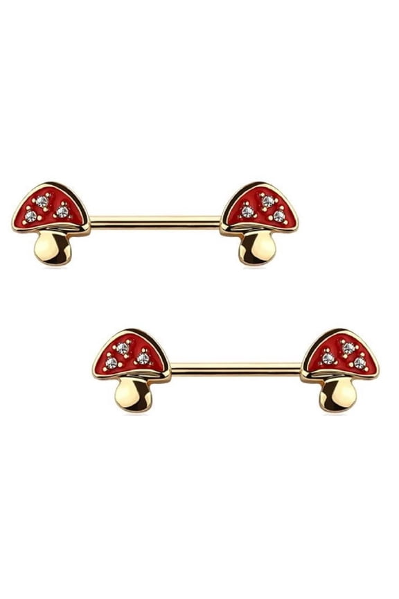 Crystal Studded Mushroom Nipple Bar, 14GA Surgical Steel, 9/16 inch Length, Gold