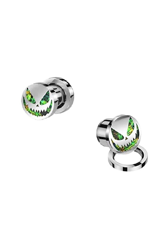 Ear Plug Green Opal Glitter Alien Smile 316L Surgical Steel Screw Fit Tunnel 1/2''