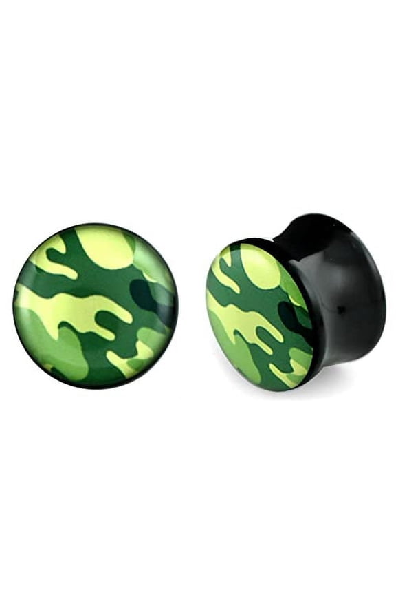 Ear Plug Solid Acrylic Double Flare Black Green Army Camouflage 5/8''
