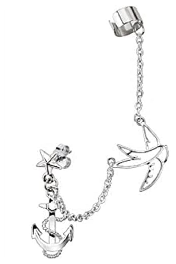 Earring Star Stud Chain with Swallow and Anchor Dangles with End Clip 316L Surgical Stainless Steel