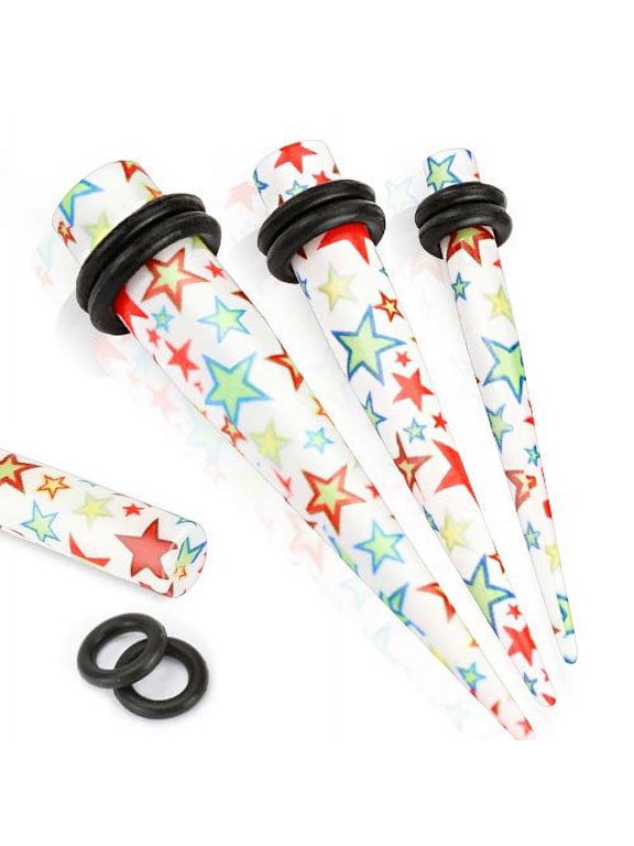 Earrings Solid Acrylic Multi Colored Star Taper Plug 2 Gauge - Sold as Pair