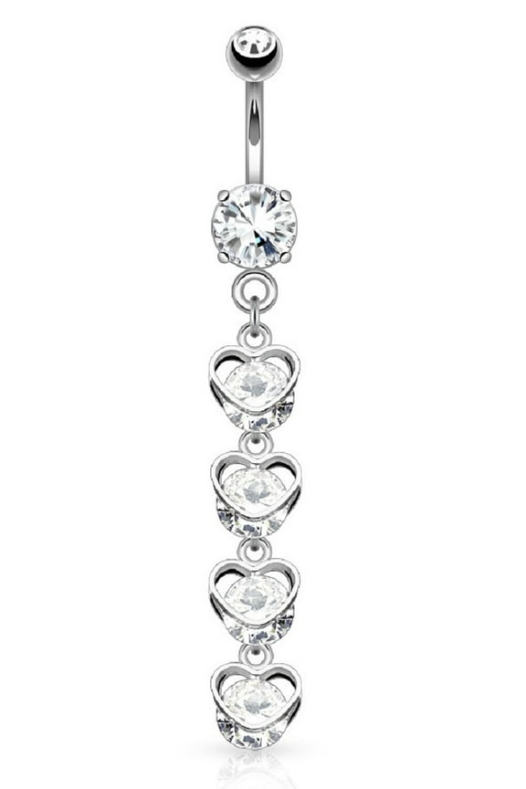 Four Vertical Drop CZ Set Hearts Dangle 316L Surgical Steel Belly Button Navel Rings (Silvertone)