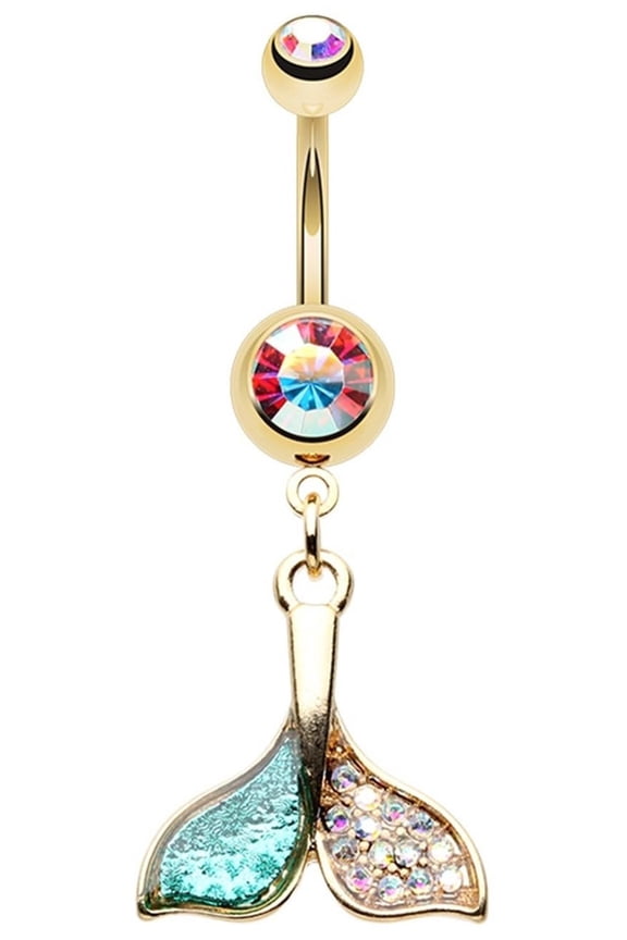 Gold Plated Dolphin Tail Belly Button Ring, Aurora Borealis Crystal, 14 GA, 3/8 inch