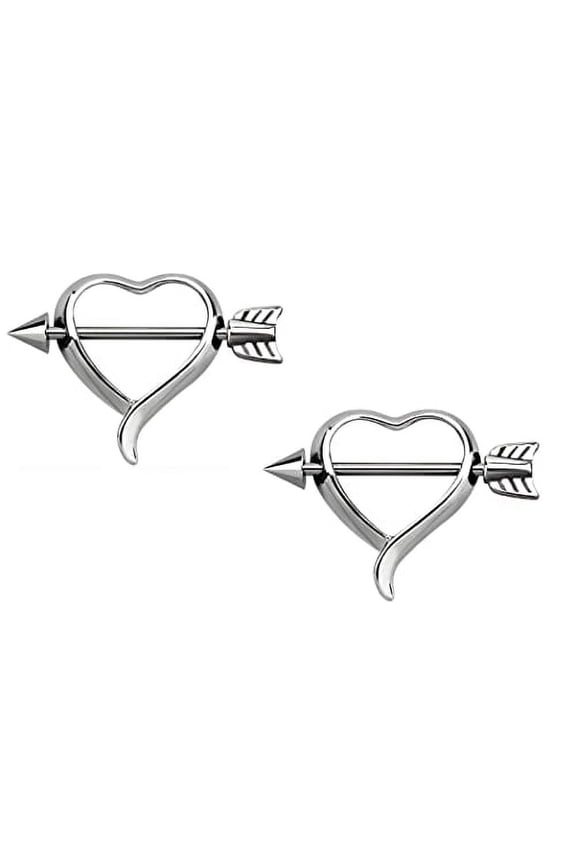 Body Accentz Heart Shape Nipple Shield Pair of Pierced 316L Surgical Steel Ring Spike and Arrow Barbells - 14G