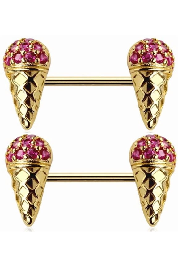 Ice Cream Cone nipple rings, 14K Gold Plated, Pink Ruby Crystal, Fashion Jewelry