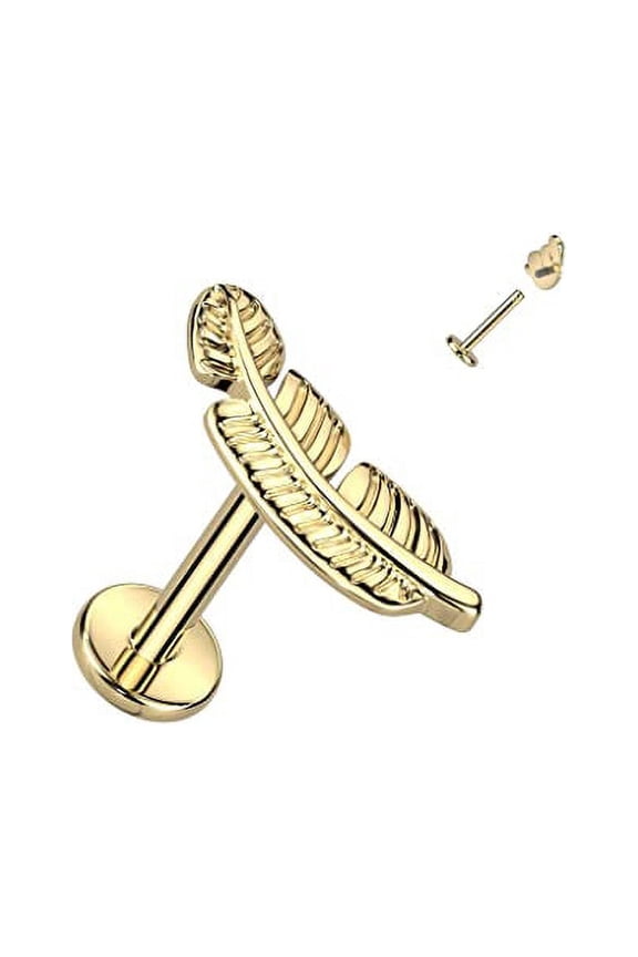 Implant Grade Titanium Internally Threaded Labret With Leaf Top Lip Jewelry (Goldtone)
