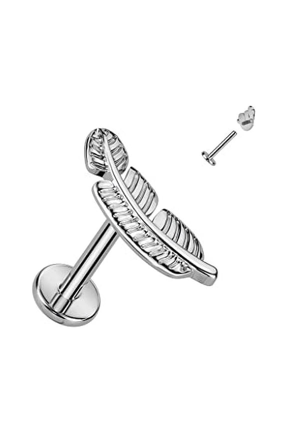 Implant Grade Titanium Internally Threaded Labret With Leaf Top Lip Jewelry (Silvertone)