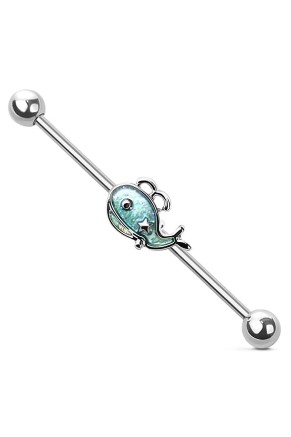Industrial Barbell with Glitter Whale Design, 14G, 1-1/2 Inch, 316L Surgical Steel, Silver
