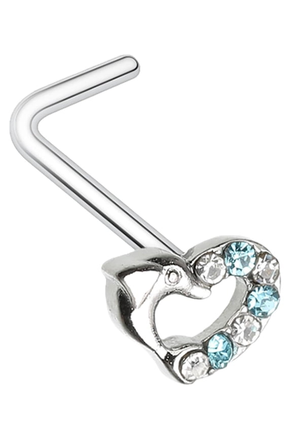 L-Shape Nose Ring, Dolphin Heart Design, 20GA Surgical Steel, Clear/Aqua Gems, 9/32 inch
