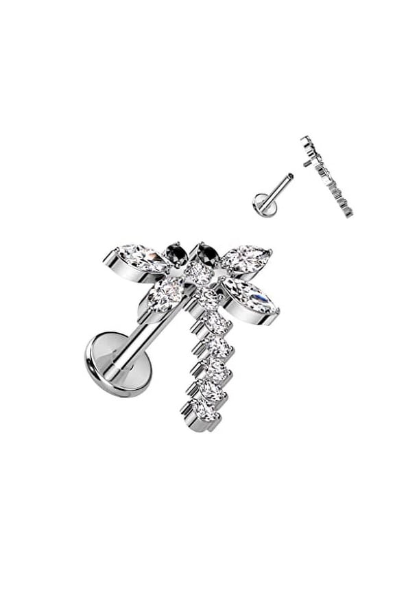 Labret Implant Grade Titanium Internally Threaded Labret with CZ Dragonfly Top silvertone