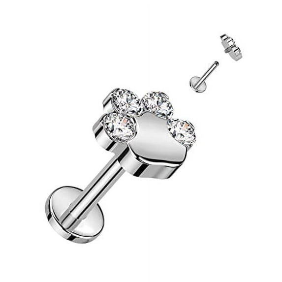 Body Accentz Labret Implant Grade Titanium Internally Threaded with CZ Paw Top Pawprint