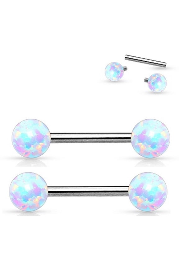 Nipple Bar 14g Internally Threaded Opal Balls 316L Surgical Steel Bar Pair