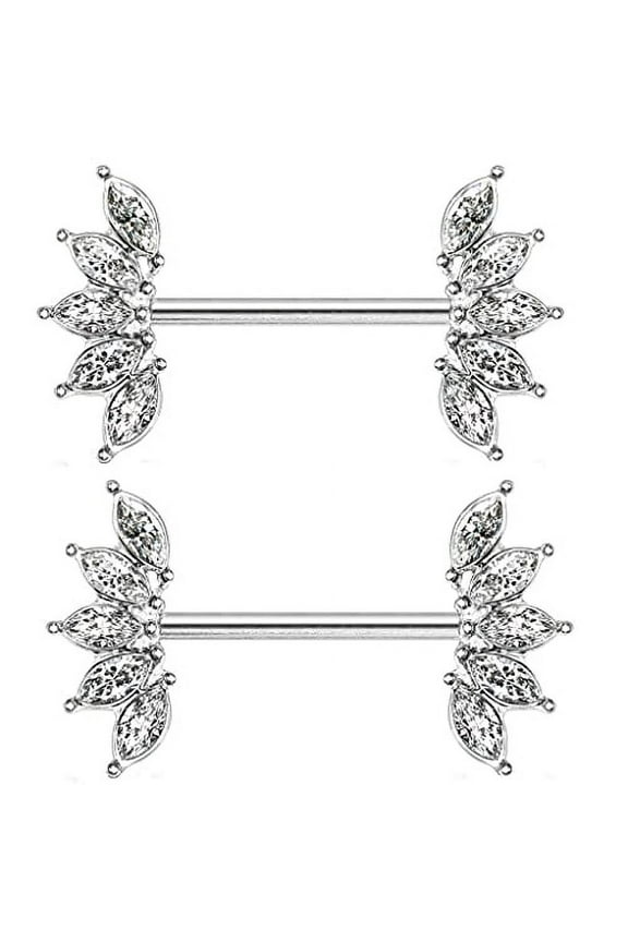 Body Accentz Nipple Ring 5 Marquise Crystals Fan Ends 316L Surgical Steel Barbell Bar (Clear)