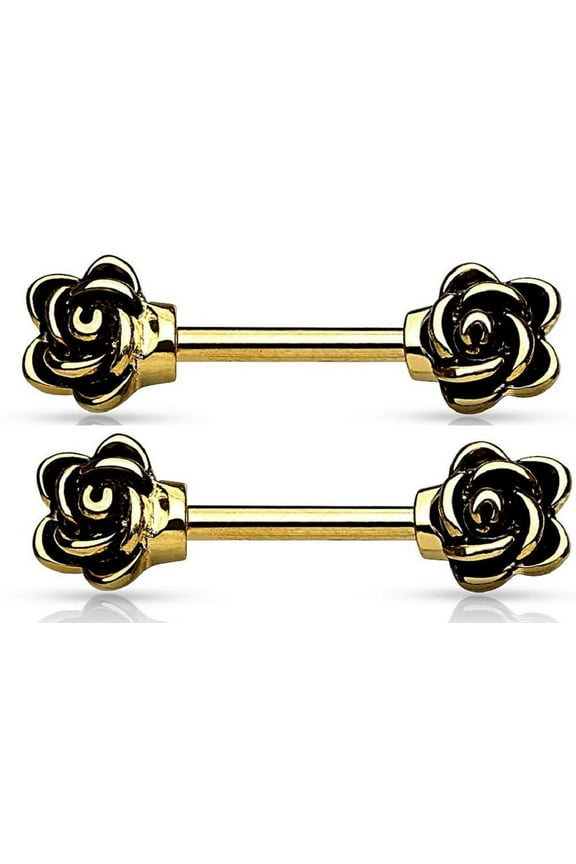 Nipple Ring Rose Flower Casted Flowers Gold IP 316L Surgical Steel Nipple Bar pair
