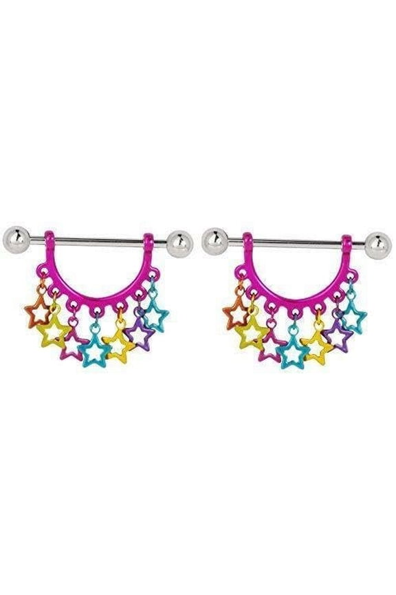 Nipple Ring Shield Piercing Jewelry Rainbow Stars Pair 14 Gauge Pair